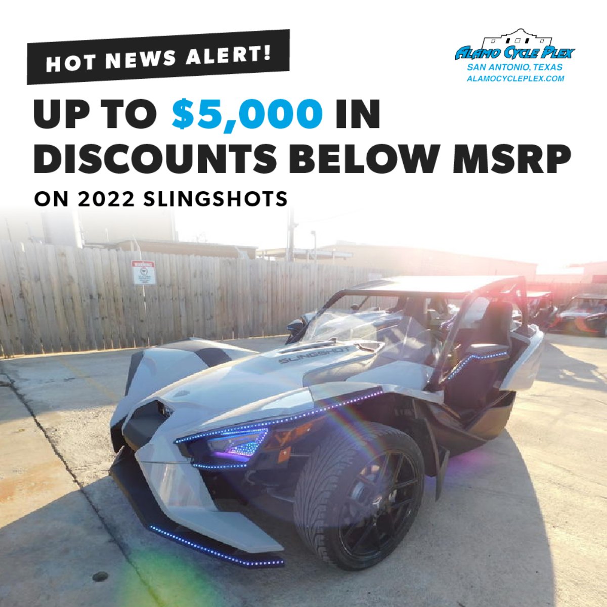 Take home a 2022 Slingshot! Stop by our location at 11900 IH 10 West, San Antonio, TX 78230 or call us at (210) 696-2000 to learn more.