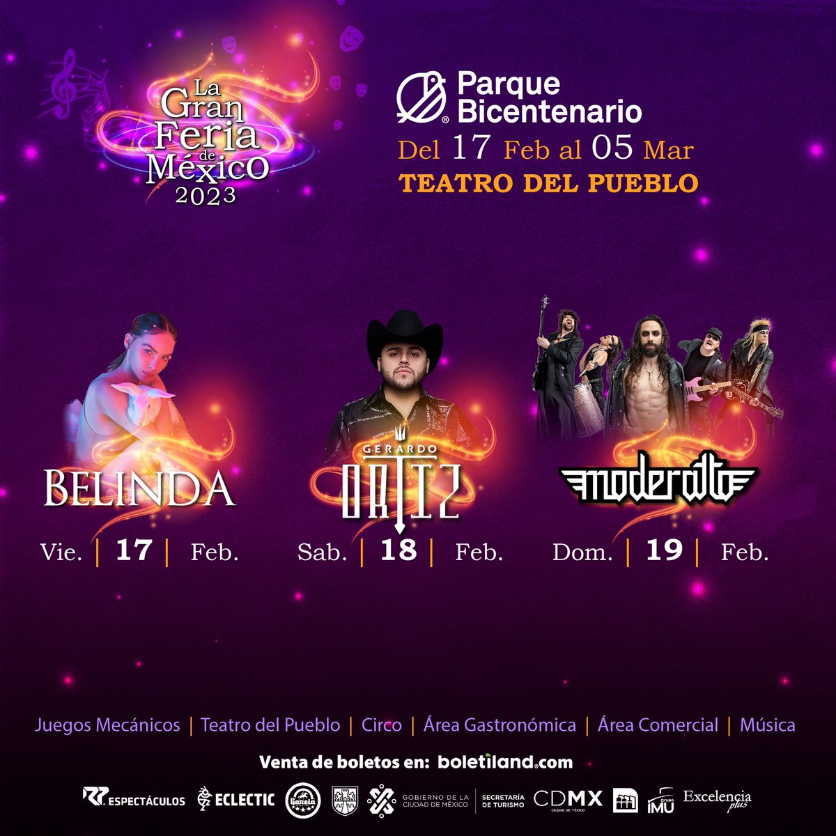 Este fin de semana inicia #LaGranFeriaDeMéxico 2023 en el @PBicentenarioMX. ¿En qué fecha nos estarás visitando? 🔥

• 17 de Febrero - Belinda
• 18 de Febrero - Gerardo Ortiz
• 19 de Febrero - Moderatto
Boletos en: lagranferiademexico.com
