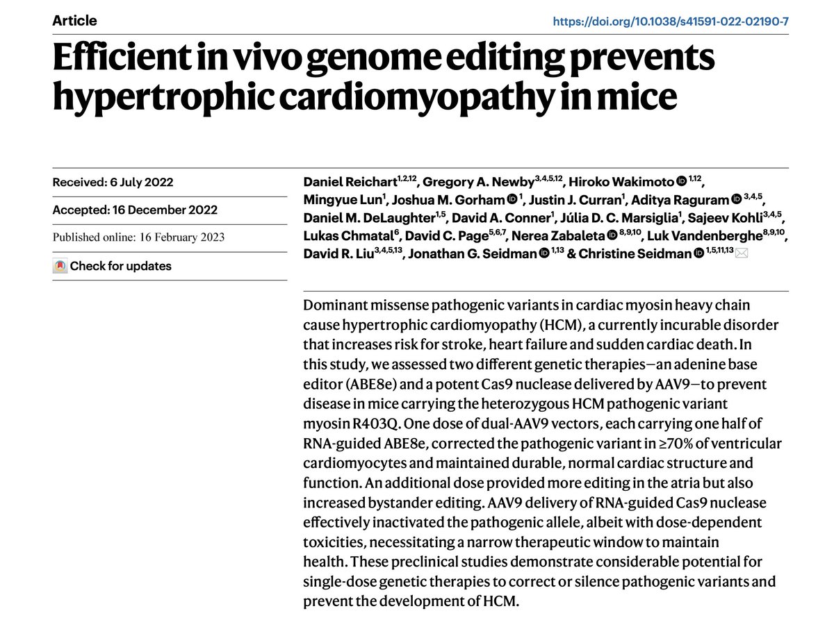 Today we report in @NatureMedicine a study led by Christine & Jonathan Seidman’s lab in which we used adenine base editing in vivo to correct a common mutation that causes hypertrophic cardiomyopathy (HCM), a disease that occurs in ~1 in 500 people (1/8)