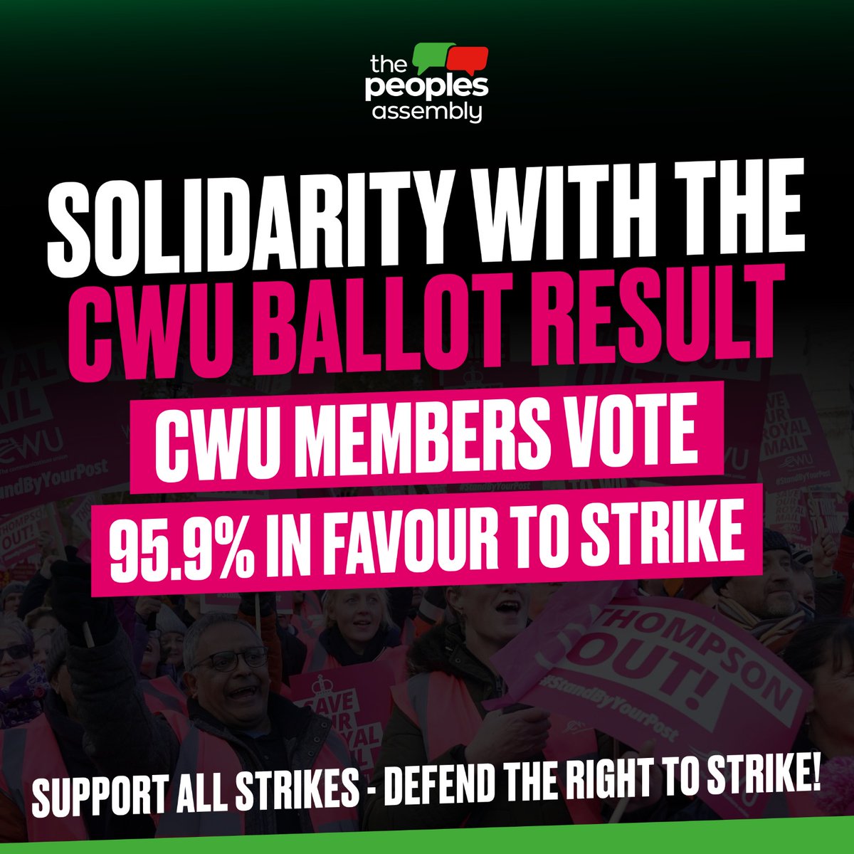 pplsassembly's tweet photo. Solidarity with the CWU!
From CWU: 🚨BREAKING: POSTAL WORKERS HAVE MADE HISTORY
CWU members in Royal Mail Group have delivered the biggest ever return in a major national strike ballot.
YES 95.9%
TURNOUT 77.3%
#SupportAllStrikes #WeAreStillHere #SupportAllStrikingWorkers https://t.co/4Q3nYkCWHt