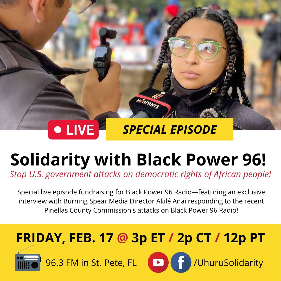UhuruSolidarity's tweet photo. Tune in to Reparations in Action / White Lies Shattered this Friday for an exclusive interview with Burning Spear Media Director Akilé Anai, responding to the recent Pinellas County Commission's attacks on Black Power 96!
#ReparationsInAction #BlackPower #HandsOffUhuru https://t.co/CM5H53665K