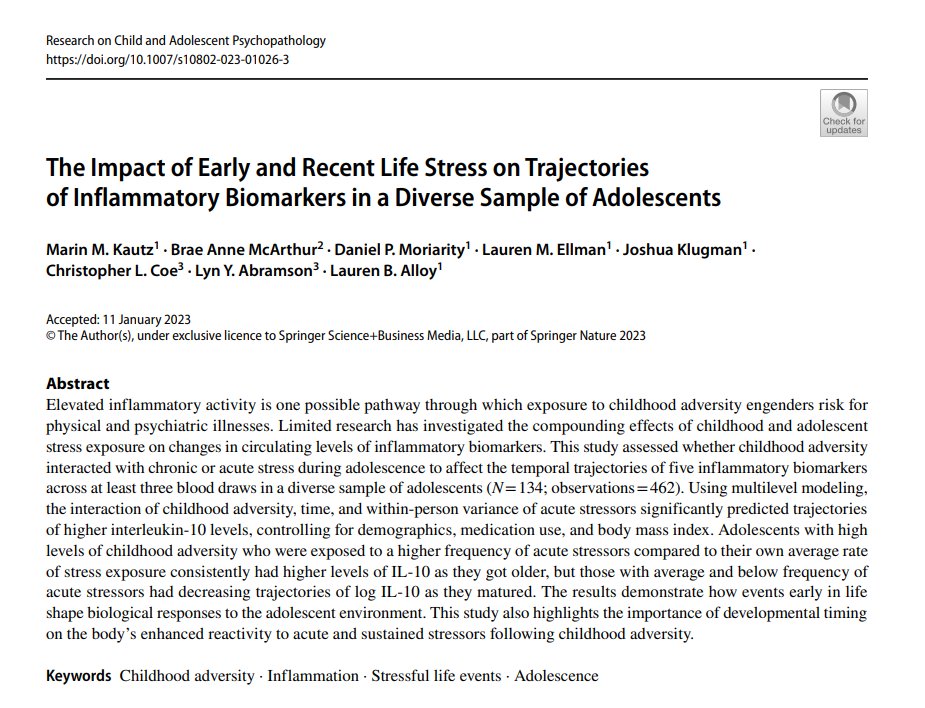 Daniel P. Moriarity (@dp_moriarity) on Twitter photo New paper on stress and inflammation in adolescents by <a href="/KautzMarin/">marin kautz</a>, <a href="/BraeMcArthur/">Brae Anne McArthur</a>, myself, @EllmanLauren, <a href="/jklugman/">Josh Klugman</a>, Coe, Abramson, & <a href="/TUmoodcoglab/">Mood and Cognition Lab at Temple University</a> live <a href="/RCAP_Editor/">Research on Child and Adolescent Psychopathology</a>
link.springer.com/article/10.100… New paper on stress and inflammation in adolescents by <a href="/KautzMarin/">marin kautz</a>, <a href="/BraeMcArthur/">Brae Anne McArthur</a>, myself, @EllmanLauren, <a href="/jklugman/">Josh Klugman</a>, Coe, Abramson, & <a href="/TUmoodcoglab/">Mood and Cognition Lab at Temple University</a> live <a href="/RCAP_Editor/">Research on Child and Adolescent Psychopathology</a>
link.springer.com/article/10.100…