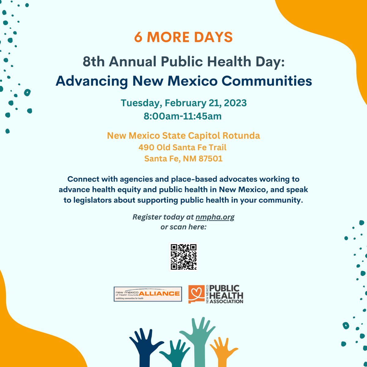 6 MORE DAYS! Have you registered for the 8th Annual Public Health Day: Advancing New Mexico Communities? Do so today at: nmpha.wildapricot.org/event-5067901