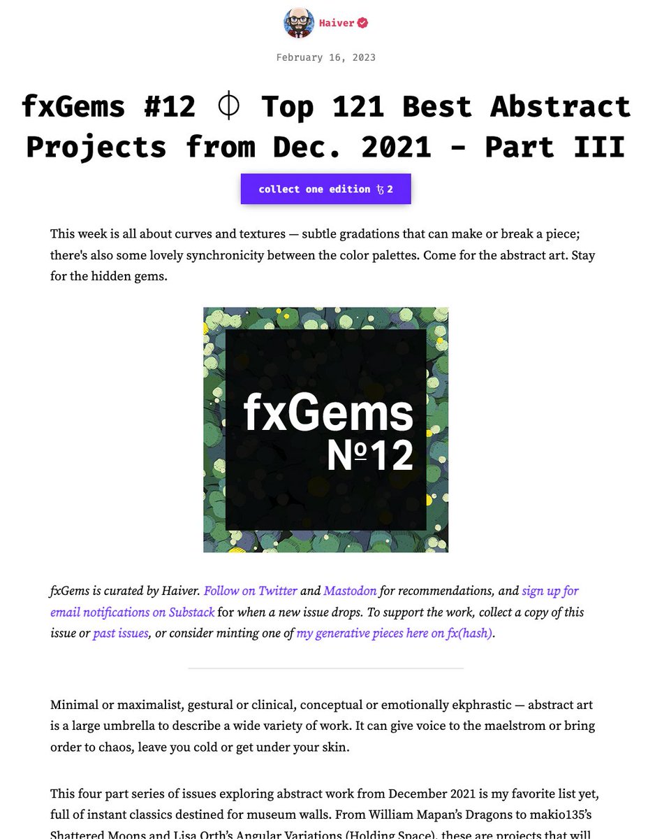 Love generative art with a good texture?

This week's issue of fxGems is all about curves and textures — subtle gradations that can make or break a piece; there's also some lovely synchronicity between the palettes.

Come for the abstract art. Stay for the hidden gems🥳

Link👇