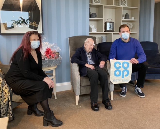 Celebrating a #100th birthday <a href="/BlindVeterans/">Blind Veterans UK</a> a gentleman who also worked for <a href="/coopuk/">Co-op</a> servicing the milk floats for 35 years. We visited today to provide a food hamper to celebrate his #birthday #itswhatwedo
