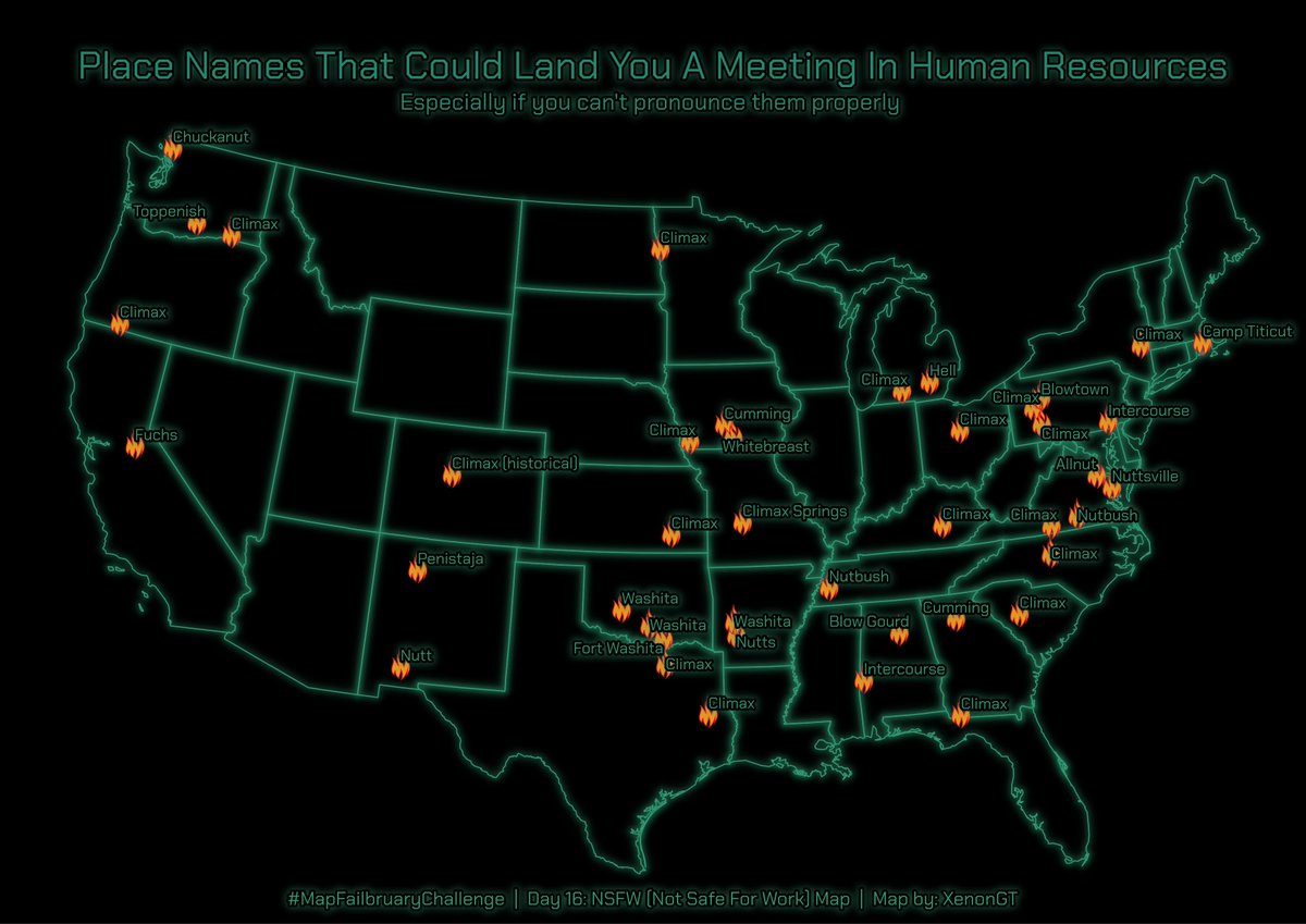 XenonGT's tweet image. #MapFailbruaryChallenge Day 16: NSFW (Not Safe For Work). #gischat 

Some of these I can&apos;t pronounce, others I can&apos;t say without giggling. 😆