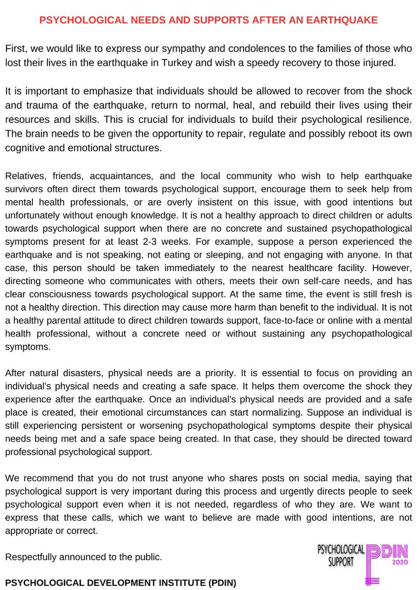 IPD_Norway's tweet photo. PSYCHOLOGICAL NEEDS AND SUPPORTS AFTER AN EARTHQUAKE:

Respectfully announced to the public.
#earthquake 
@APA 
@WHO 
@WHO_Turkiye 
@saglikbakanligi https://t.co/5RcHnbevAD