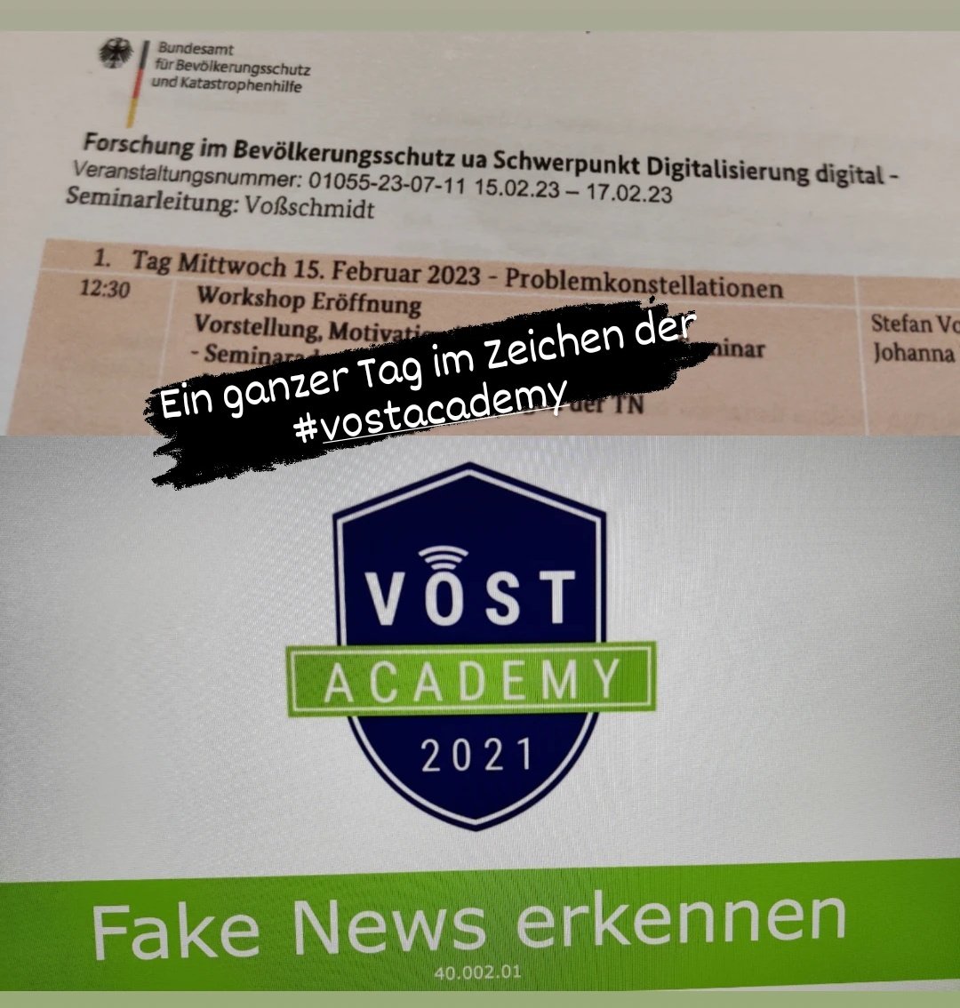 Die Woche ist die #VOSTacademy als Teilnehmerin bei zwei sehr spannenden Seminaren an der #BABZ vertreten (u.a. zum Thema Forschung im Bevölkerungsschutz - Schwerpunkt Digitalisierung) und aktuell läuft unser #fakenews Seminar mit Markus.
#vostacademy #fortbildung #seminar