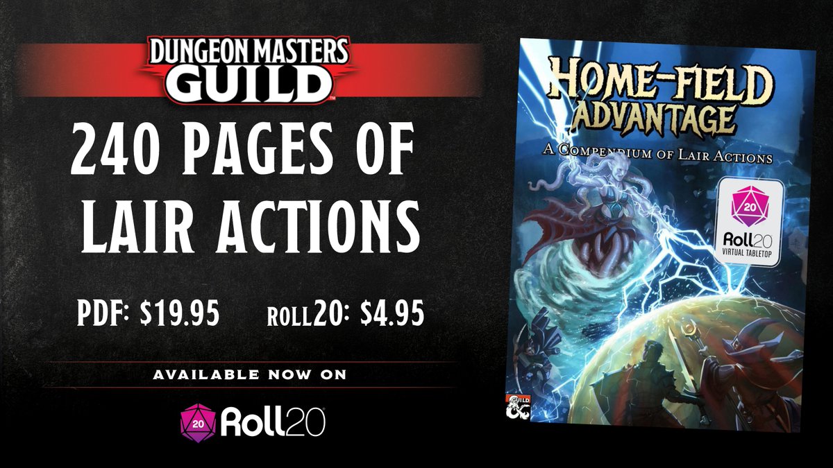 Trekiros's tweet photo. Home-Field Advantage is a 240-page book of Lair Actions for all of your favorite 5e baddies.
Starting today, if you already have the PDF version, you can get the Roll20 integration for only $4.95, using the bundle we've prepared for you! https://t.co/Umbb9BS7JP