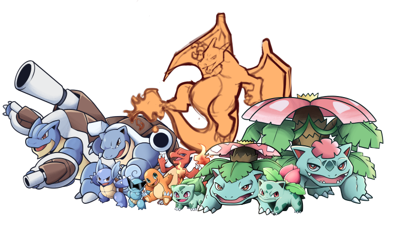bulbasaur ,charizard ,charmander ,squirtle pokemon (creature) flame-tipped tail no humans white background claws open mouth fangs  illustration images