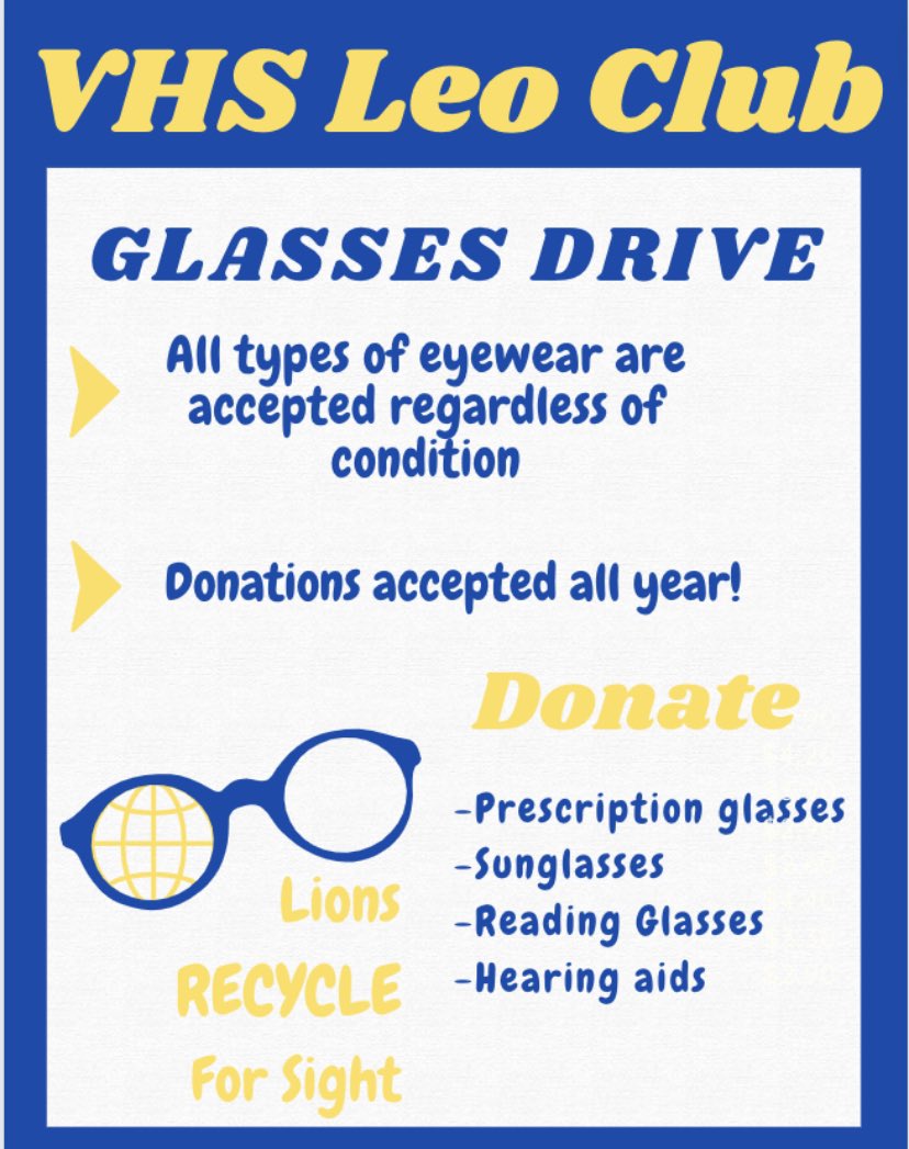 SNN_vhs's tweet photo. The Leo club glasses drive is now up! You can donate any type of glasses, sun glasses and hearing aids. You can drop these items off at any of the schools or the Ritter Publix library💙💛😎 https://t.co/EMTH5dv1p8
