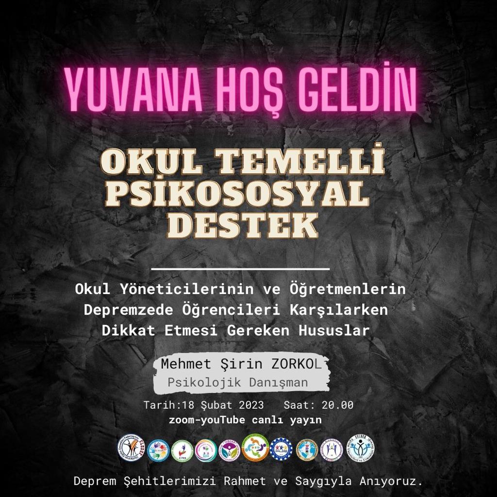 11 ilimizi etkileyen deprem sonrasında çeşitli illerde 20 Şubatda okula başlayacak depremzede çocuklarımızı bilinçli karşılayabilme,iletişim ve kaygılarını gidermeye yardımcı olabilme adına dikkat edilmesi gereken hususları konuşmak üzere zoom ve youtube canlı yayınına bekliyoruz