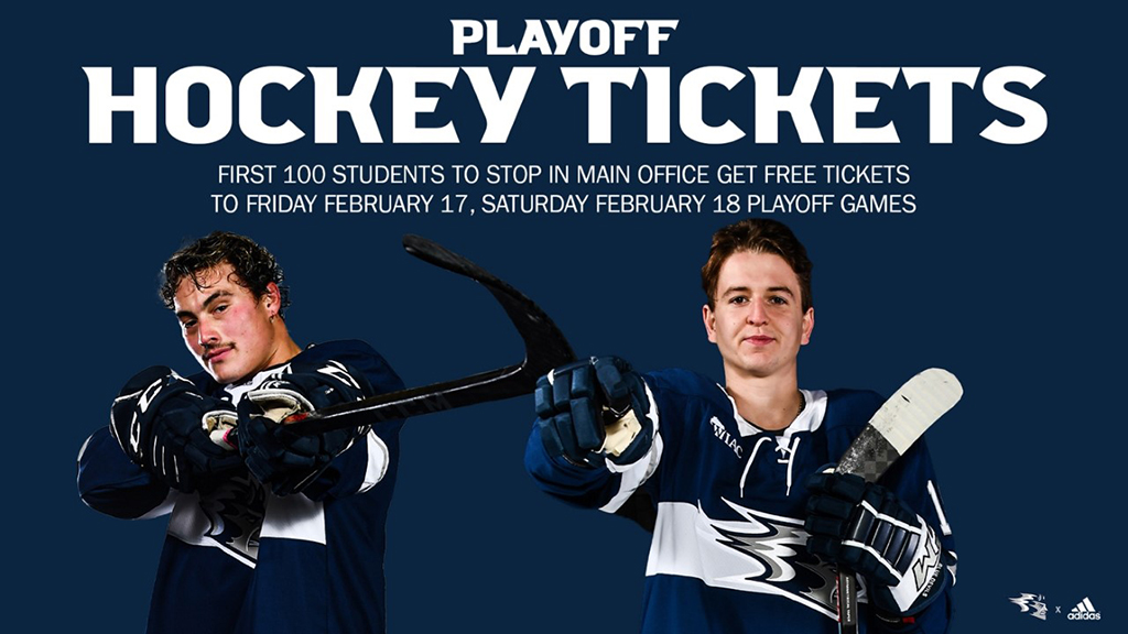 Blue Devil Students!

Stop by the main athletic office to pick up your playoff tickets for this weekends hockey games. 

First 100 are free! 

#BleedBlue 
#playoffhockey