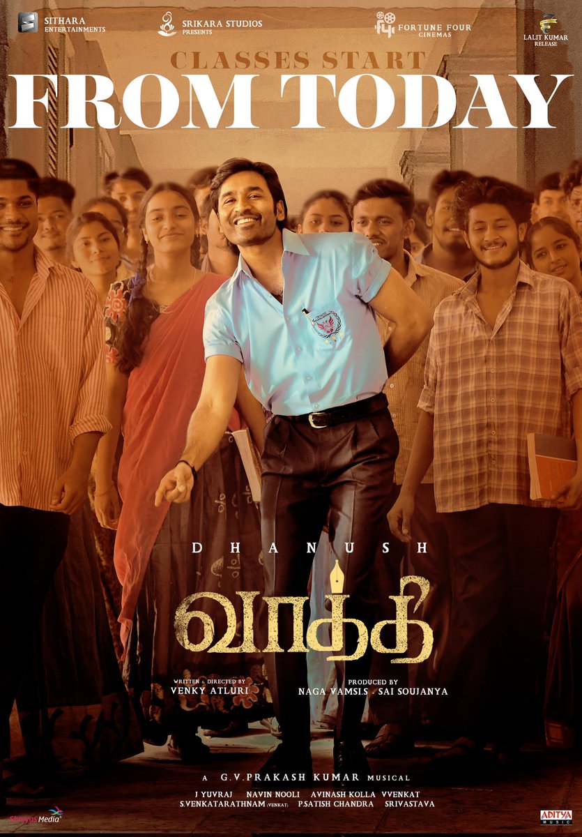 7screenstudio's tweet photo. Our #Vaathi is now all yours 🤩

Classes begins today💥

@dhanushkraja #VenkyAtluri @iamsamyuktha_ @gvprakash @dopyuvraj @NavinNooli @vamsi84 @adityamusic @SitharaEnts @7screenstudio https://t.co/CJq5pCGNiv
