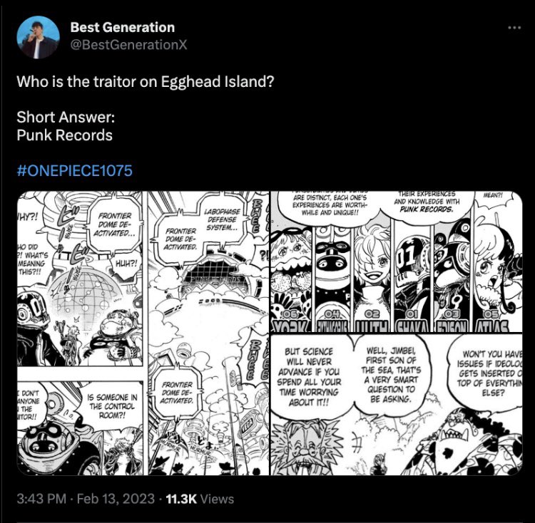 kiksmango's tweet photo. #ONEPIECE1075 

@NamiOrigins &amp; @BestGenerationX theorizing ab punk records being the traitor reframed egghead, for me, as a big, loose allusion to Mary Shelly's Frankenstein. 

This thread may be a useless intertextual reading I'm making, but I hope it’s valuable in some way idk https://t.co/3BES8BIGQj