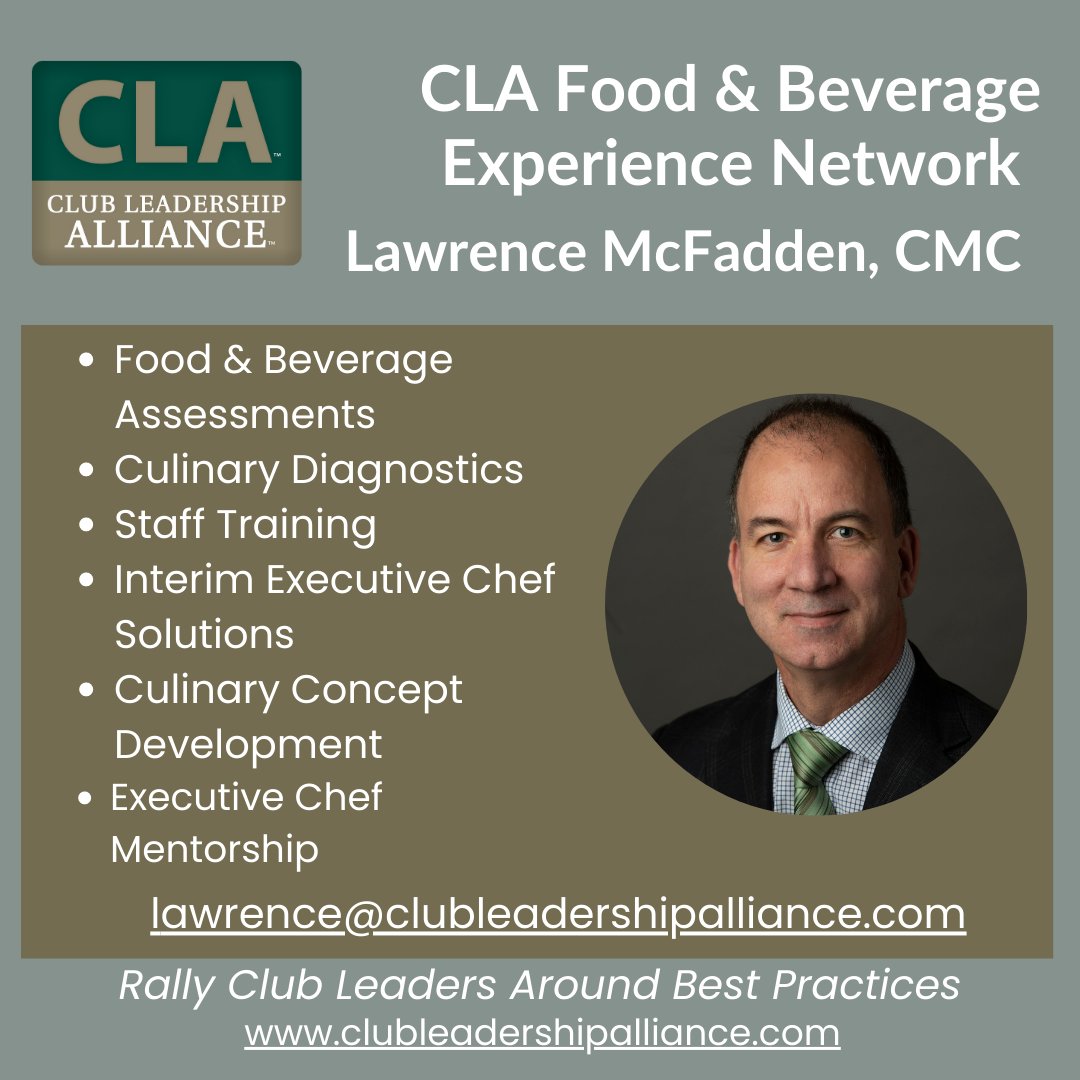 We are proud to announce that Certified Master Chef Lawrence McFadden has joined the Club Leadership Alliance as Executive in Charge of the CLA Food &amp; Beverage Experience Network. 
#masterchef #strategicplanning #culinarytrends  #culinaryleadership #hospitaltiyleadership