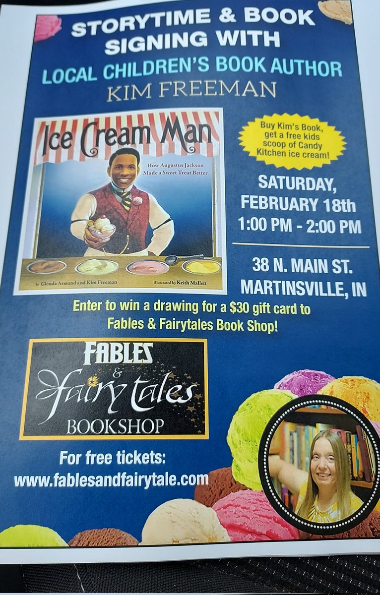 horzlvr's tweet photo. I'm looking forward to reading and signing ICE CREAM MAN this Saturday. Free ice cream for everyone who buys ICE CREAM MAN and all attendees can enter to win a $30.00 gift card to Fables and Fairytales. #indianaauthor #bookstores #childrensbookstore #authorevent https://t.co/3474SiXzMx