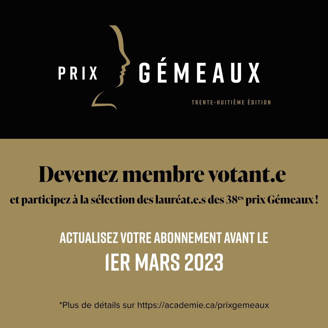 AcademieCdn's tweet image. 🏆 38es prix Gémeaux : devenez membre votant.e avant le 1er mars 2023 pour participer à la sélection des lauréat.e.s des 38es @Prix_GEMEAUX : espace.academie.ca/adhesion 
Suivez-nous sur les réseaux pour connaître les prochaines étapes jusqu'aux galas !
#prixGémeaux #vote #membre
