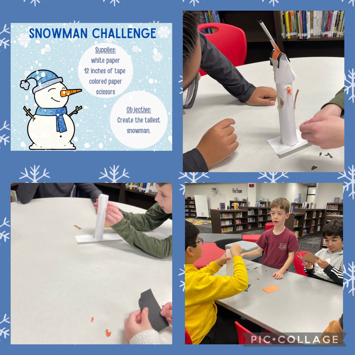 STEAM building! Students were challenged to build the tallest snowman with a single sheet of white paper.