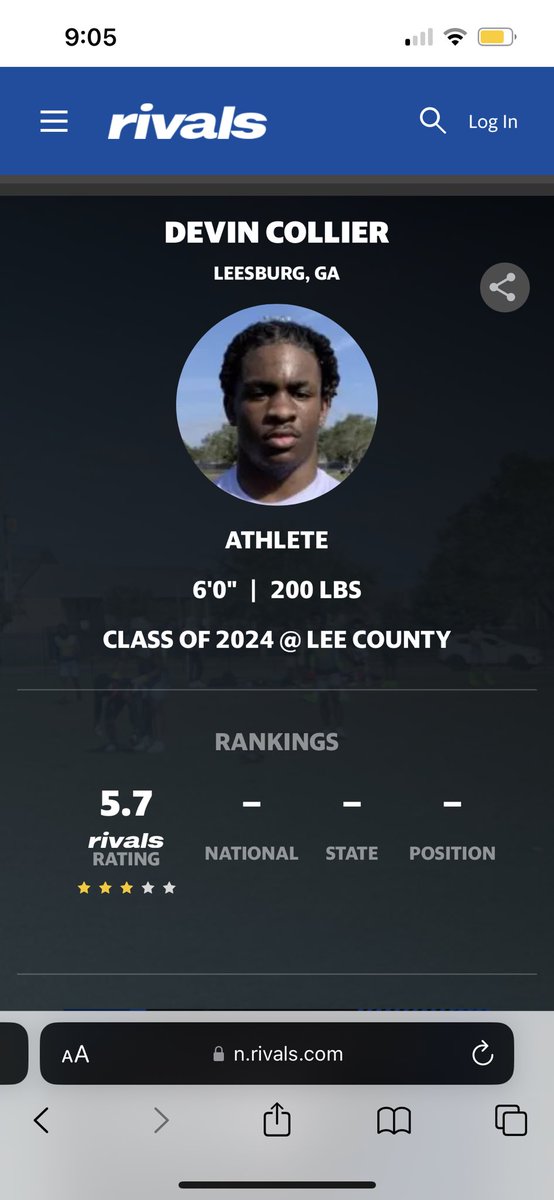 DevinCollier9's tweet photo. Blessed to be rated a 3⭐️ #AGTG @Rivals @rockerlee229 @CedricWynn3 @Mansell247 @adamgorney https://t.co/pFk7jyf4Z4