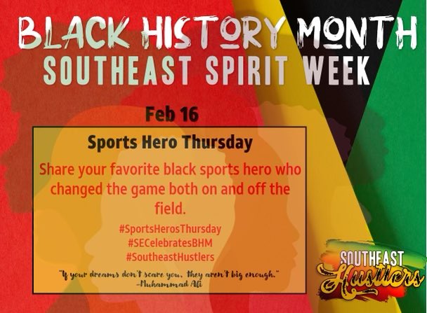 SoutheastIHX's tweet photo. Sports Hero Thursday! 🏀🏈⚽️⚾️ Share your favorite black sports hero who changed the game on and off the field! ♥️ #SportsHerosThursday #SECelebratesBHM #SoutheastHustlers https://t.co/LMLSlM8Eg7