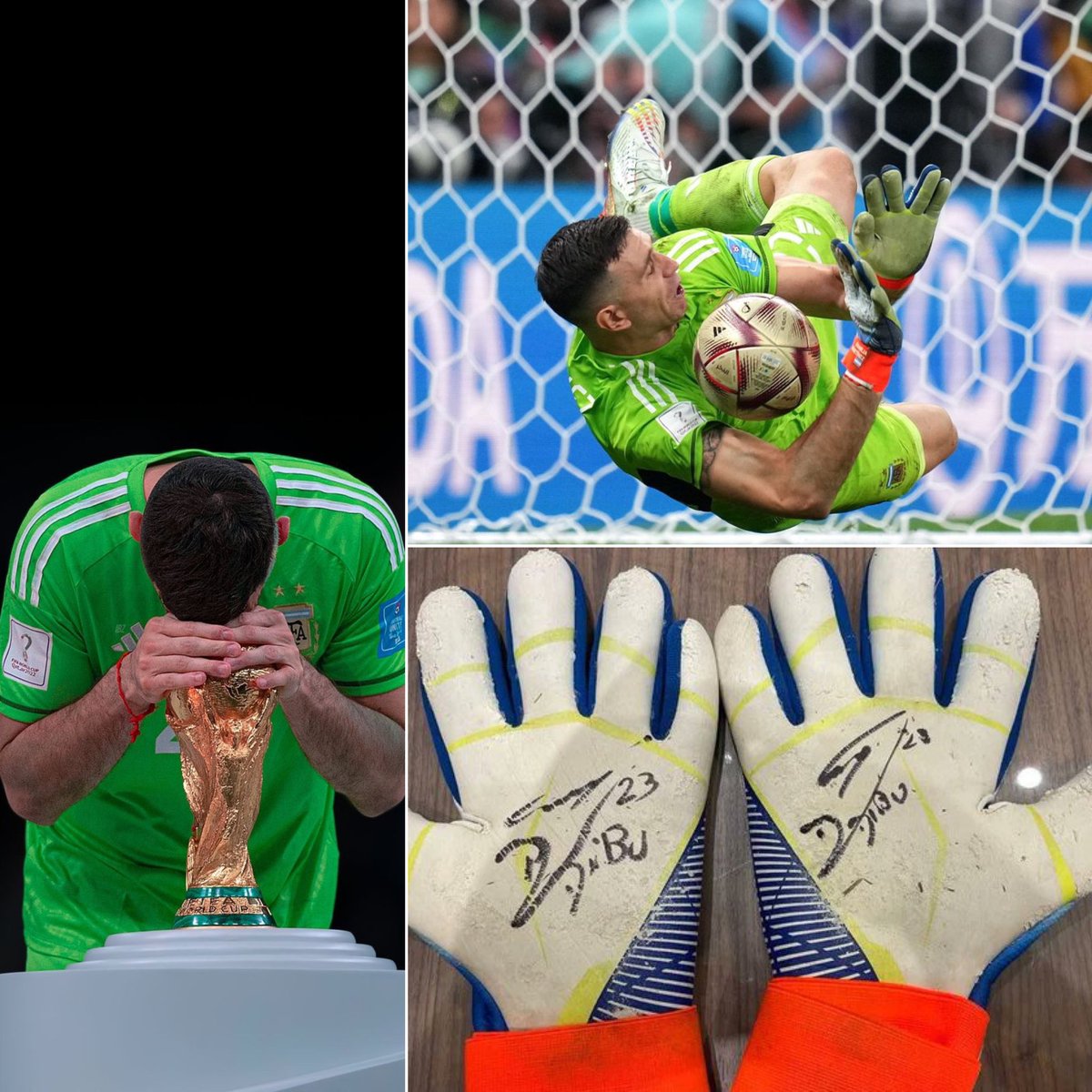 AlbicelesteTalk's tweet photo. Dibu Martínez will auction the gloves he wore in the World Cup final, in order to raise the money for the oncology room of the Garrahan Hospital. ❤️ https://t.co/WIdrdpiBTA