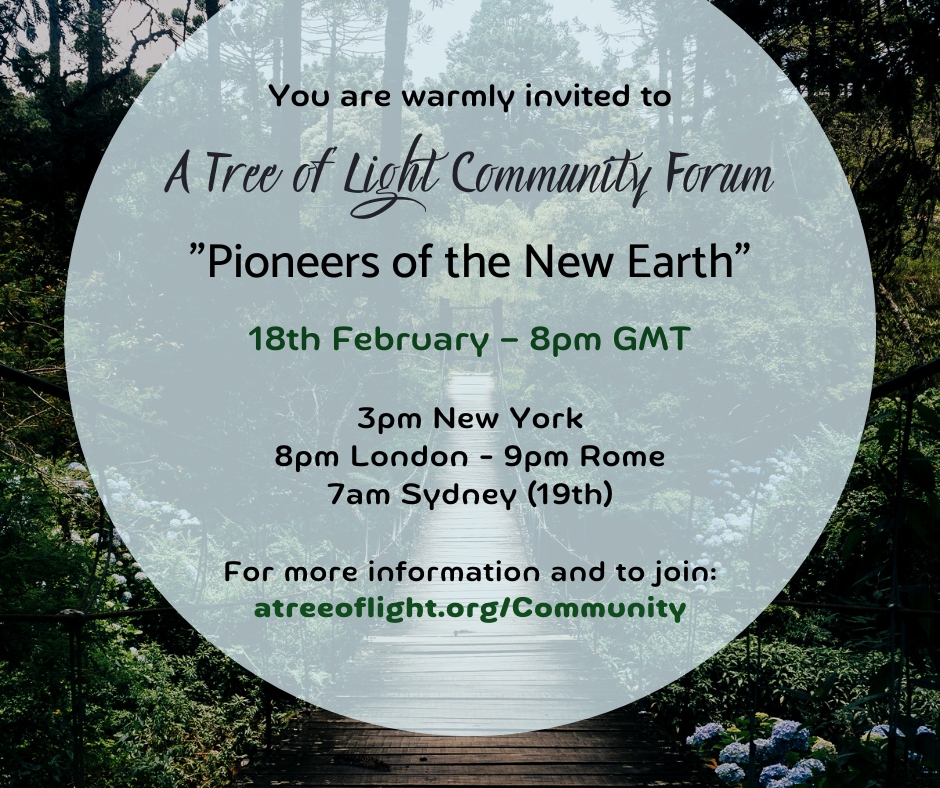 KellyMeditation's tweet photo. You are warmly invited to A Tree of Light's Community Forum this Sat 18 February (the 19th in the Asia Pacific). Participants are invited to explore words of wisdom about living through these times as a soul, and share their thoughts and impressions. https://t.co/fxEbEFGnkM https://t.co/TCQ6zgZ7aM