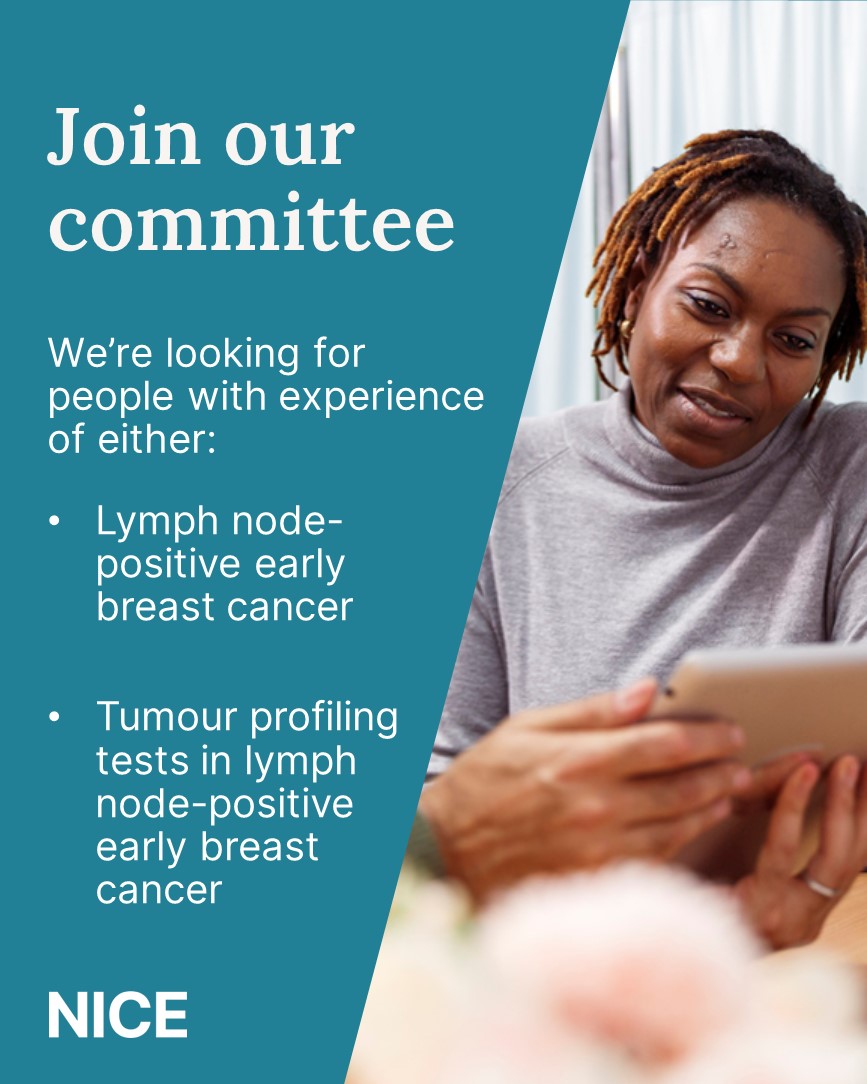 NICEComms's tweet photo. We're looking for lay members to join the tumour profiling tests to guide adjuvant chemotherapy decisions in lymph node-positive early #BreastCancer committee.

📅Apply by 7th March⬇️
https://t.co/iqe9fpZ5gN https://t.co/v0XajtENFD