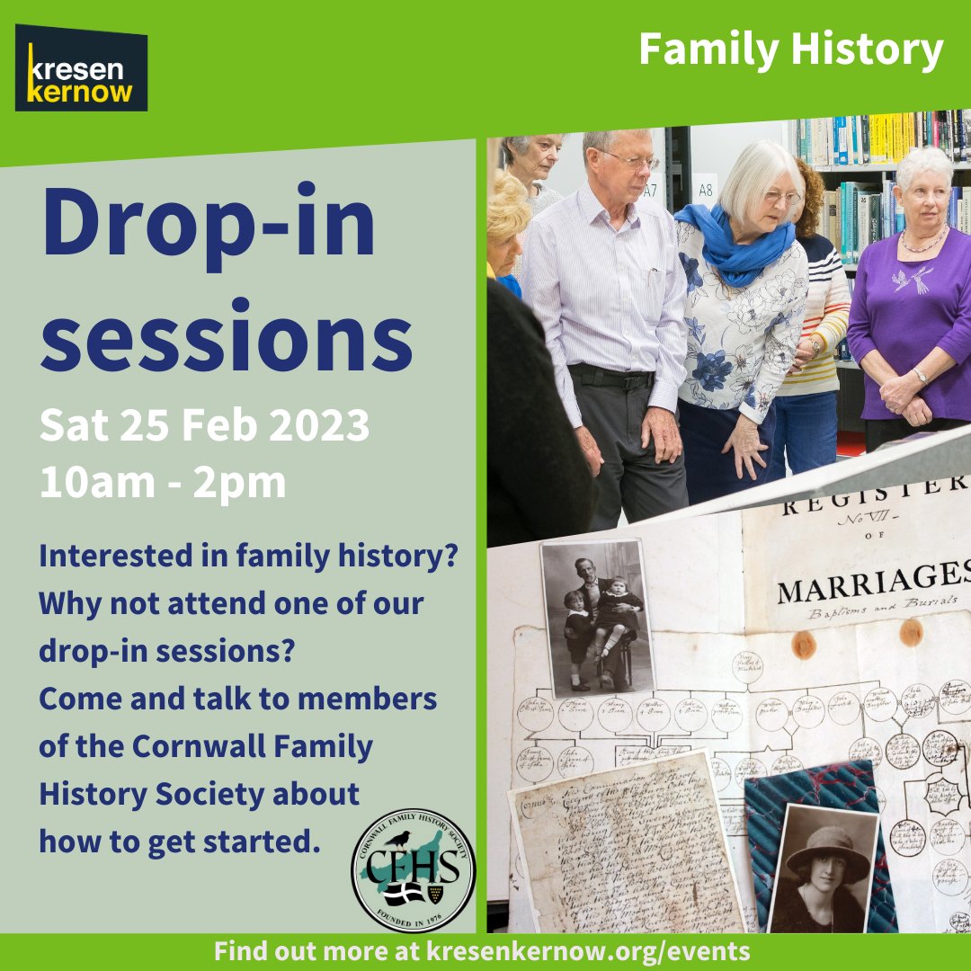Interested in family history but don’t know where to start?  Come to our drop-in session with members of Cornwall Family History Society!  Saturday 25 February 10am – 12pm.
