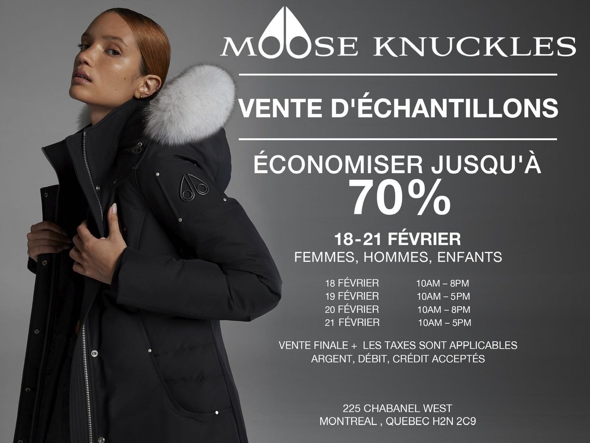 EdmontonTwitte's tweet image. For all luxury jacket lovers, Moose Knuckles Canada will be hosting its FIRST EVER OFFICIAL Sample Sale in Montreal Quebec from Feb 18 - 21, Save up to 70% OFF! What a GOOD DEAL.  #montreal #quebec #mooseknuckles #samplesale #discount #Canada #retail