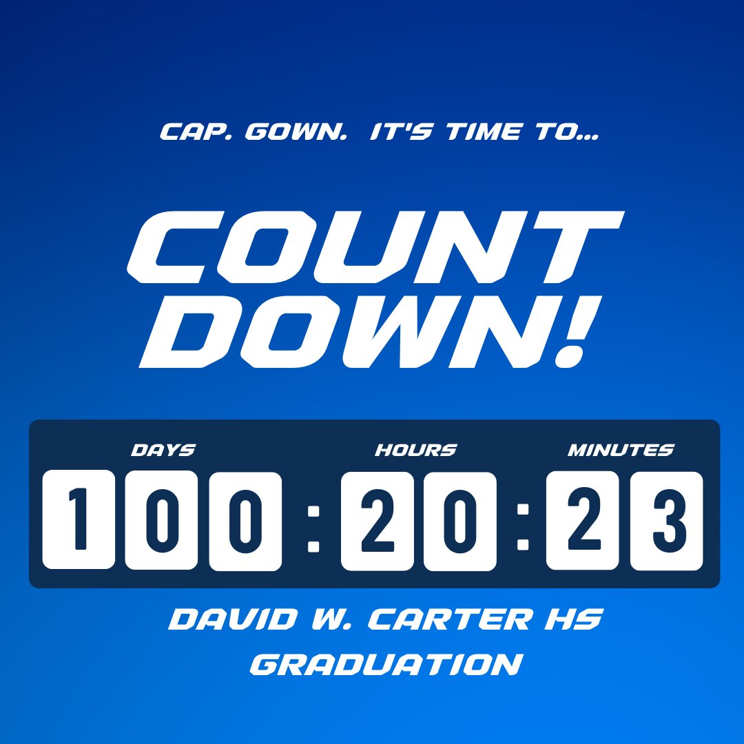 ⏰️Cap. Gown. It's Time to... Countdown - We are 100 days away from graduation for <a href="/DWCarterHS/">Dallas Carter High School</a> Class of 2023! 🎓
Are you ready to cross the stage?  Passing classes? How’s your attendance? It’s a busy but exciting time and I can’t wait to celebrate with you!❤️💙
#CarterProud