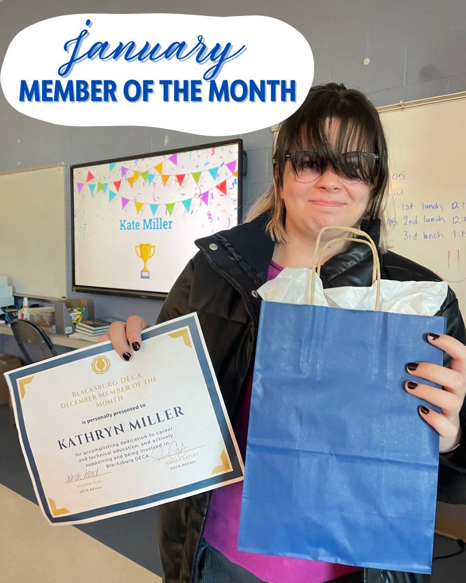 Congratulations to our January Member of the Month, Kate Miller!!💎🎉🥳 <a href="/CatleysClasses/">Ms Catley</a> <a href="/BburgHSBruins/">Blacksburg High</a> <a href="/VirginiaDECA/">Virginia DECA</a> <a href="/DECAInc/">DECA Inc.</a>