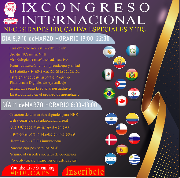Educaf5C's tweet photo. Inivitados tod@s a vuestro #Congreso #Internacional de #NEE Y #TIC Cuándo 8-9-10 Y 11 de marzo Horario 8, 9, 10 19:00-22:00 11 de 8:00-18:00 Via #YOUTUBE https://t.co/O3XZD9k6gN
INSCRÍBETE https://t.co/8nR5sLVyKb
Certificado gratuito de asistencia #Educaf5🇦🇴🇦🇷🇦🇲🇧🇷🇨🇦🇨🇿🇨🇺🇨🇷🇨🇴🇨🇱 https://t.co/SFfbtQDQtP