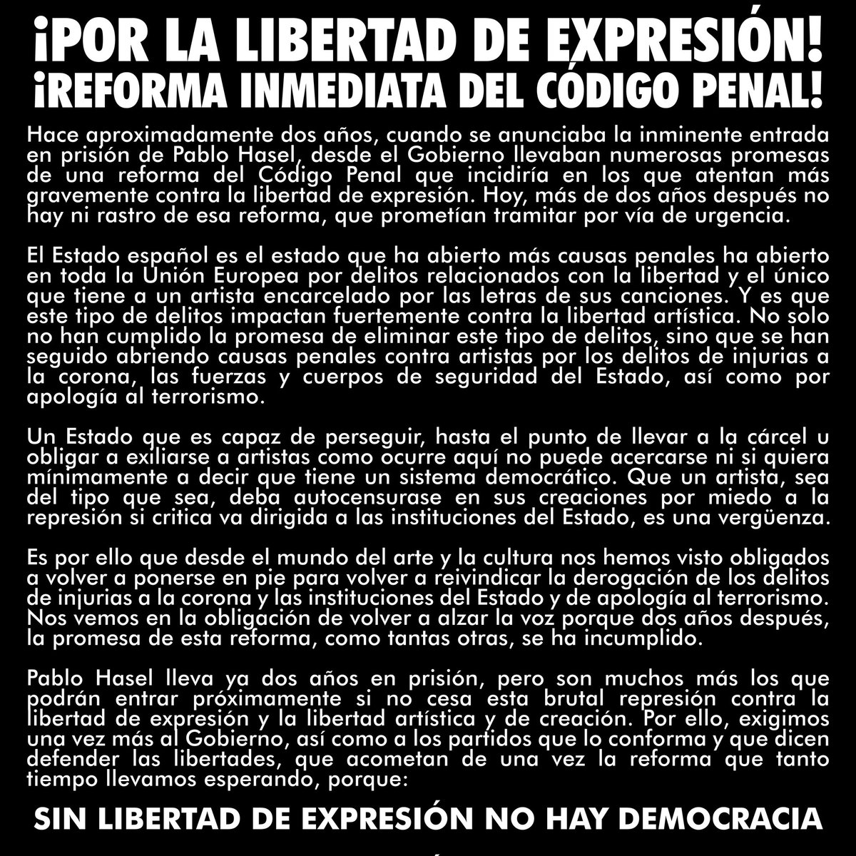 PabloHasel's tweet photo. 📜 Manifiesto de artistas por la libertad de expresión ❗

📍Por la libertad inmediata de @PabloHasel ❗

📍 Por la derogación de todos los delitos de opinión ❗

✒ @carlosbardem, @BardemAntarctic, @guillermoTM1959, @AlbaGlezVilla, @lluis_llach, @ZooPosse, @MelaniOlivaresM... https://t.co/BKkALjwydu