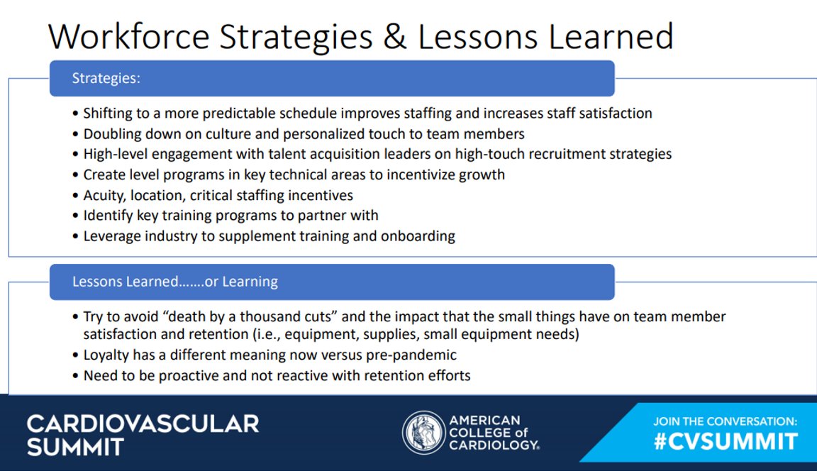 Great discussion of CV workforce crisis at @ACCinTouch #CVSummit. Not going away. Solutions: Better total comp and benefits, invest in onboarding and training, path to advancement, flex schedules, wellness, engineer out useless work.