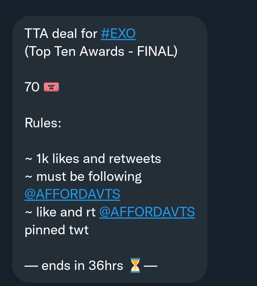 Exodians1's tweet photo. TTA deal for #EXO
(Top Ten Awards - FINAL)

70 🎟

Rules:

~ 1k likes and retweets on this TWEET
~ must be following @AFFORDAVTS
~ like and rt @AFFORDAVTS pinned twt

— ends in 36hrs ⏳—

[⭕DON'T IGNORE⭕Let's get this done ASAP EXO-Ls 70 votes is HUGE !!] @weareoneEXO https://t.co/9UvxgWvOzS