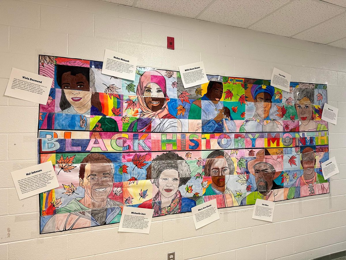 AGESGryphons's tweet photo. This is my favourite mural every year, thanks to @duffclass and the grade 7s for their hard work and their learning about important Canadian figures! #scdsbBHM https://t.co/gVzOB1KSjZ
