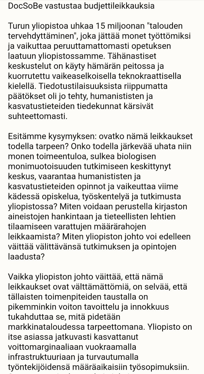 DocSoBe's tweet image. DocSoBe vastustaa UTU:n budjettileikkauksia! LUE LISÄÄ TÄSTÄ 👇 #UTU #utugs #yhteiskuntatieteellinen #UniTurku #turunyliopisto #opettajankoulutus #väitiös