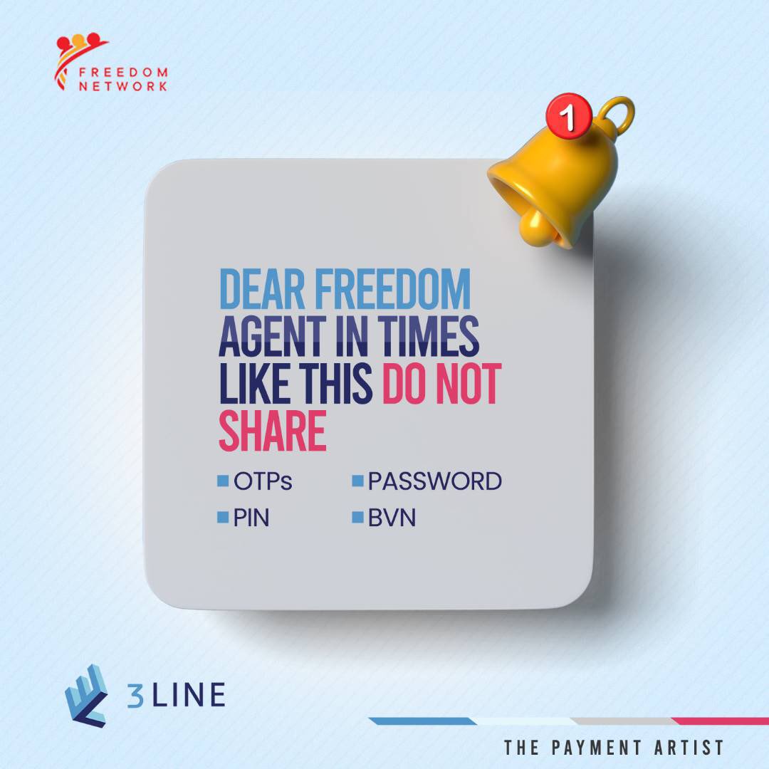 3lineng's tweet image. Your safety is in your hands.

Keep your passwords, Otps, and Pin dear to you and remember no one from Freedom Network will ever call to ask for your Otps. 

#3line #freedomnetwork #agencybanking