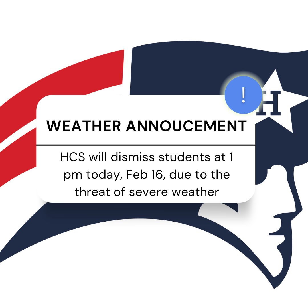 Homewood City Schools will dismiss students at 1 pm today, February 16, due to the threat of severe weather. All extracurricular activities and the Extended Day Program will be canceled today as well. #WeAreHWD