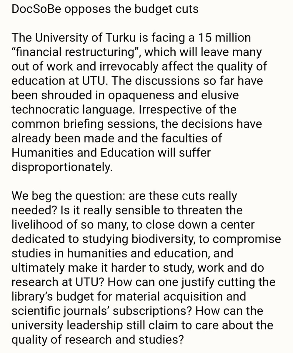 DocSoBe's tweet image. DocSoBe opposes UTU's budget cuts! READ MORE HERE 👇 #UTU #utugs #yhteiskuntatieteellinen #UniTurku #turunyliopisto #opettajankoulutus #väitiös