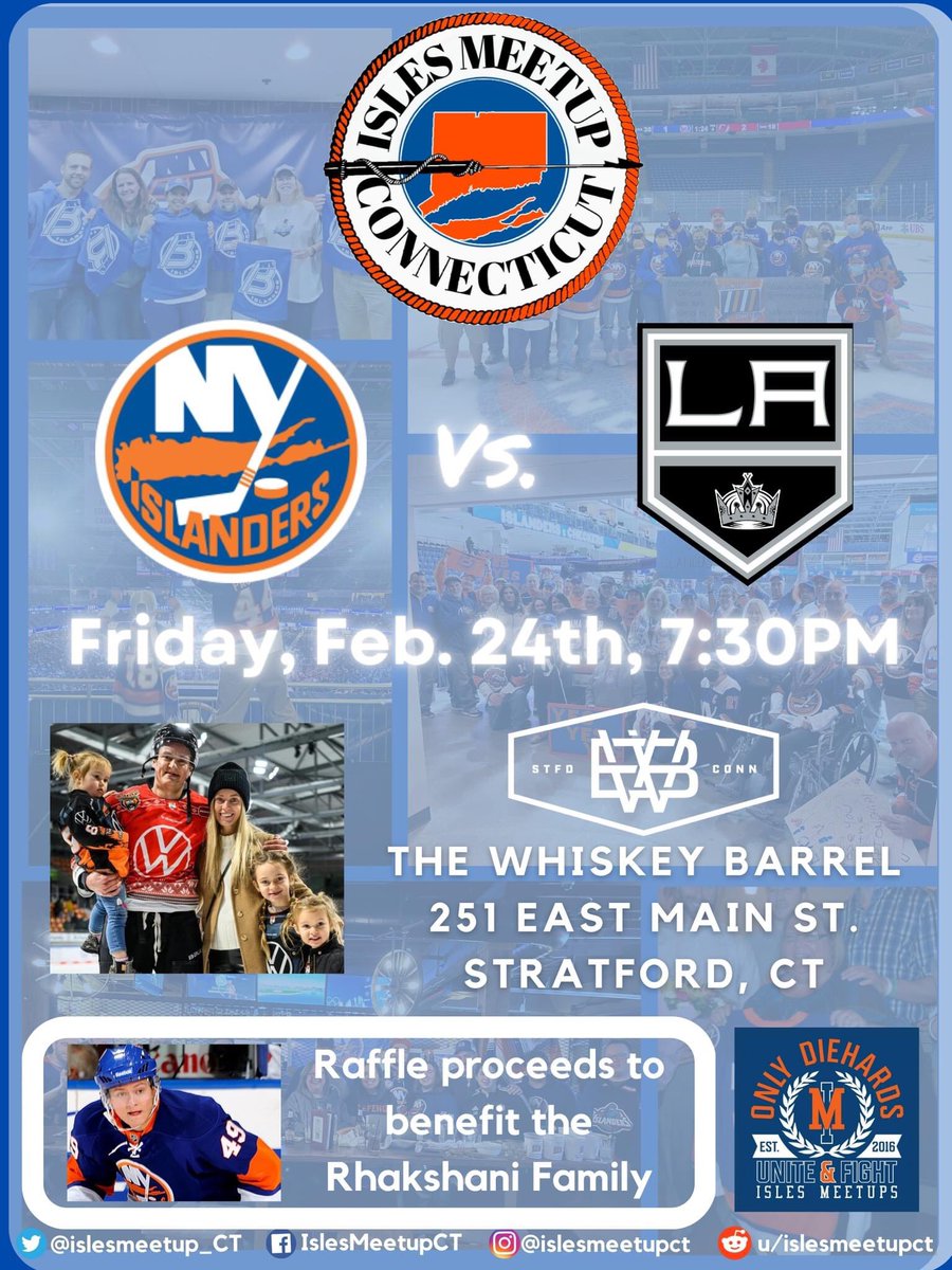 islesmeetup_CT's tweet image. MEETUP ALERT
Fri, Feb 24th, 7:30PM
#Isles  vs @LAKings
@whiskeybarrelct
251 Main St
Stratford, CT

Raffle proceeds &amp;amp; donations benefit Islanders alum Rhett Rhakshani, who’s wife Shar was diagnosed w/Stg 4 cancer. He retired from hockey in Europe to care for her &amp;amp; their 3 kids