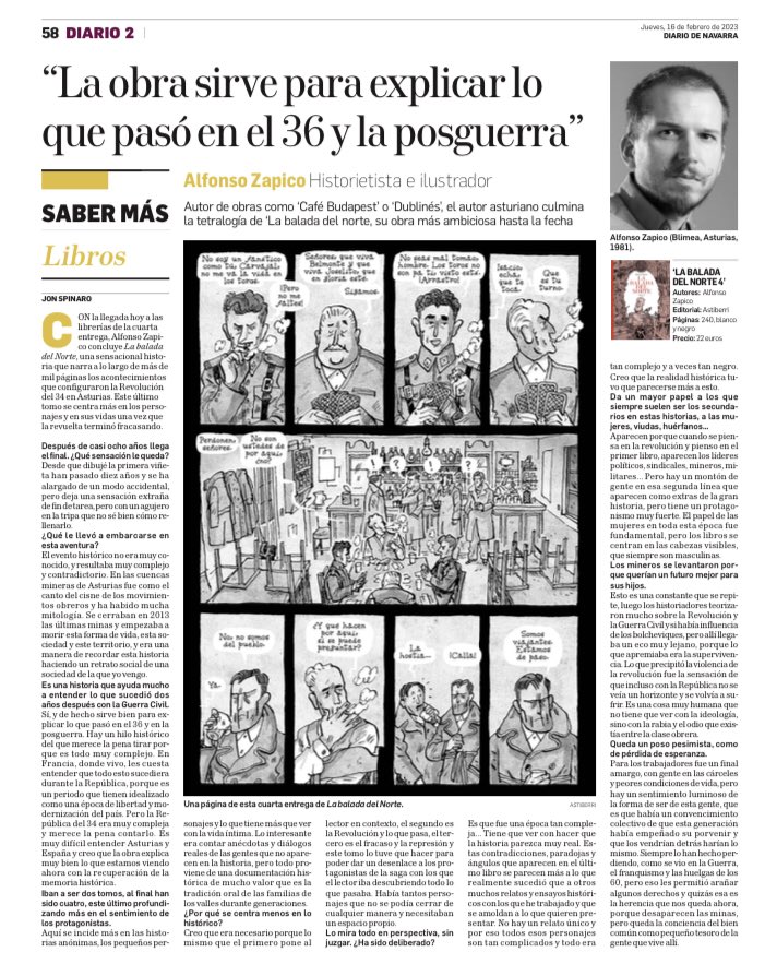 Hoy llega a las librerías la última entrega de La balada del Norte <a href="/Astiberri/">Astiberri Ediciones</a> y tengo el honor y el placer de entrevistar en el Diario de Navarra a <a href="/alfonsozapico/">Alfonso Zapico</a> quien cuenta cosas muy interesantes sobre la obra