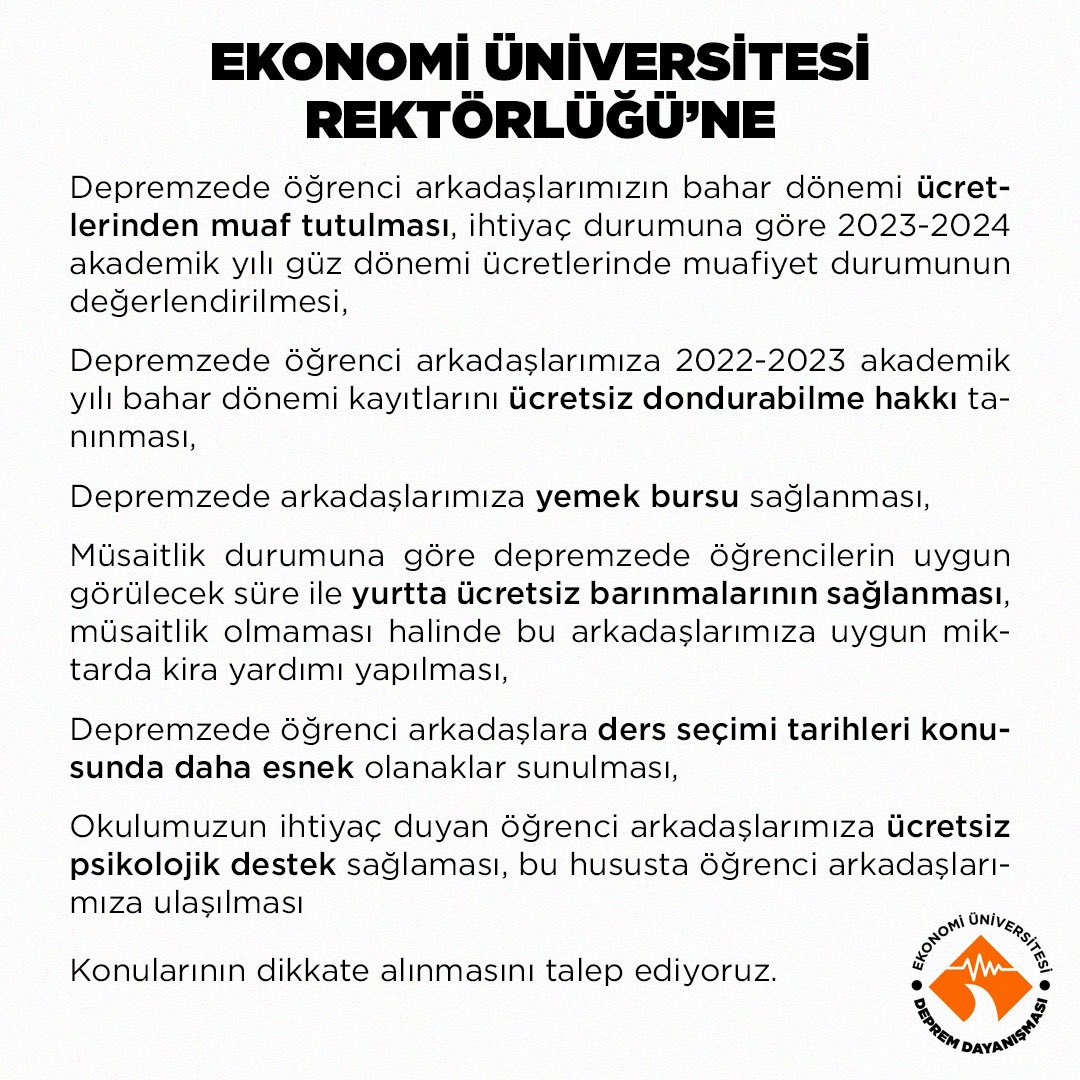 İzmir Ekonomi Üniversitesi öğrencileri depremzede sıra arkadaşlarının ihtiyaçlarının karşılanmasını istiyor!

Sıra arkadaşlarımızın talepleri karşılanmalıdır.