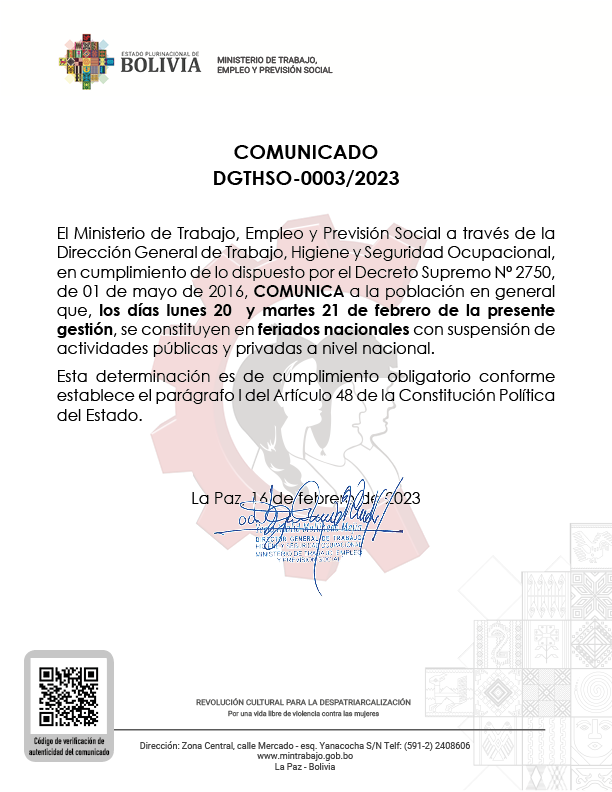 MinTrabajoBol's tweet photo. #Comunicado
#FeriadosNacionales los días 20 y 21 de febrero de la presente gestión, para el sector público y privado a nivel nacional.
Esta determinación es de cumplimiento obligatorio conforme establece el parágrafo I del Artículo 48 de la Constitución Política del Estado. https://t.co/AQOVetO1jp