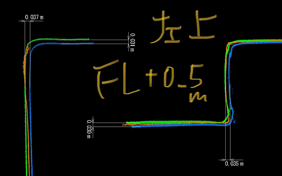 netch87's tweet photo. 8. #Dot3d の点群のApriltag座標をエクスポート(杭ナビ座標縛りでoptimized)
9.1.と6.の差、1.と7.の差、1.と8.の差算出
10.9.の平均とRMSEを算出
青 #dot3d (loop closureのみ)
緑 #dot3d (杭ナビ座標縛り)
オレンジ #pointprecise https://t.co/fL8VPe2RqF