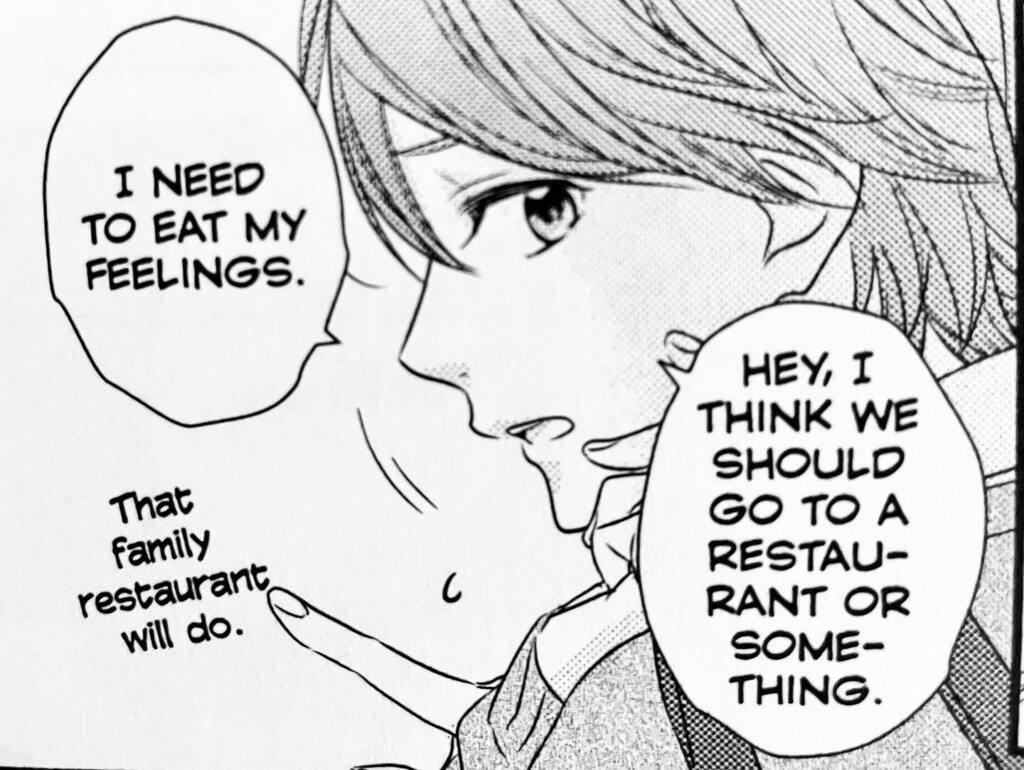 EnglishScribble's tweet photo. We don’t do the commercial Valentines thing, but we def will take any excuse to eat out.

I love this panel from Waiting for Spring by Anashin. We should all channel our inner Rui and eat our feelings. 😂

ICYMI, I reviewed the Waiting for Spring mang… https://t.co/Hw3eVrvUdT https://t.co/jmUzm9vqkv