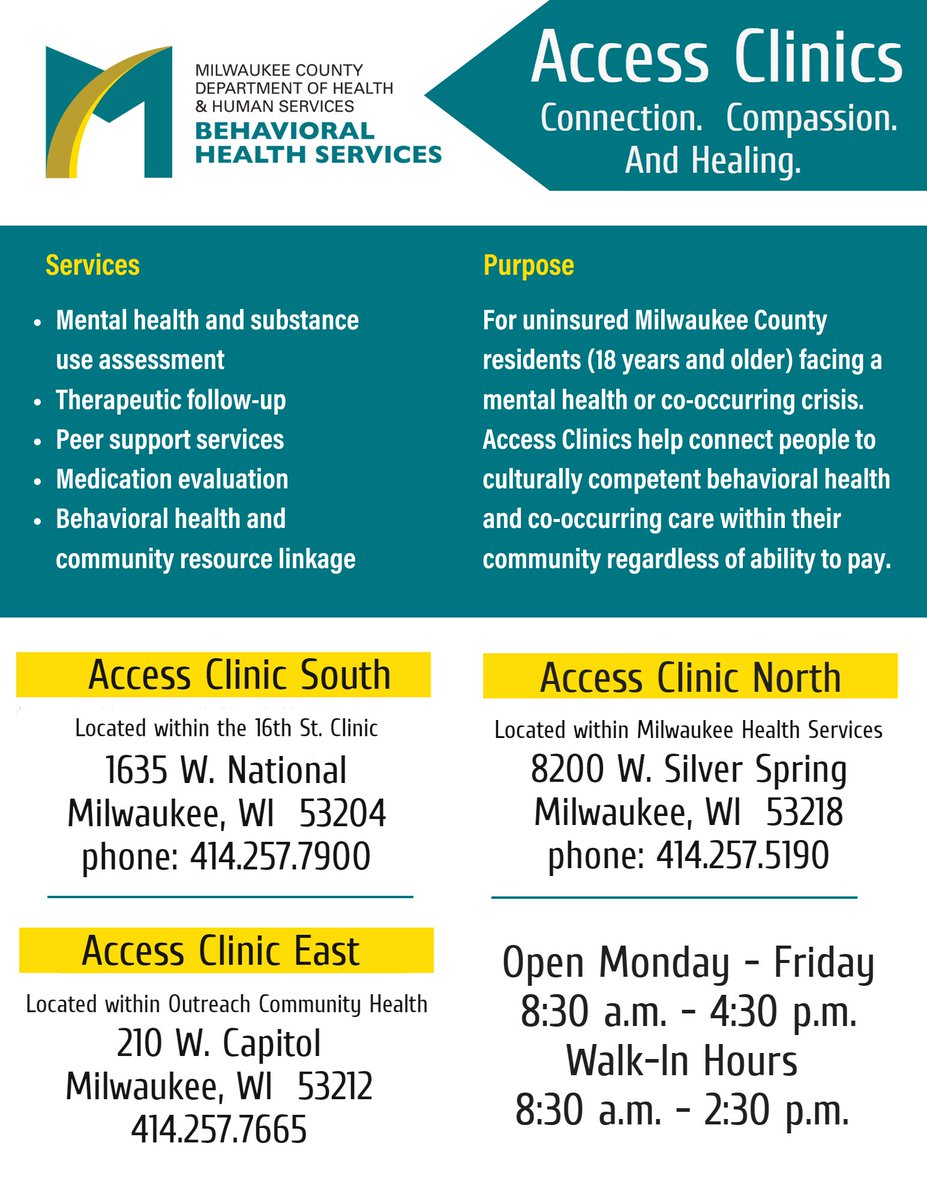 CountyDhhs's tweet photo. @MkeCoDHHS Behavioral Health Services Access Clinic staff will be working remotely today, 2/16. We can be reached by phone. If you need help today, call us. If you are having a crisis, please call our 24-HOUR CRISIS LINE AT 414-257-7222. https://t.co/EEfZBOeKFT
