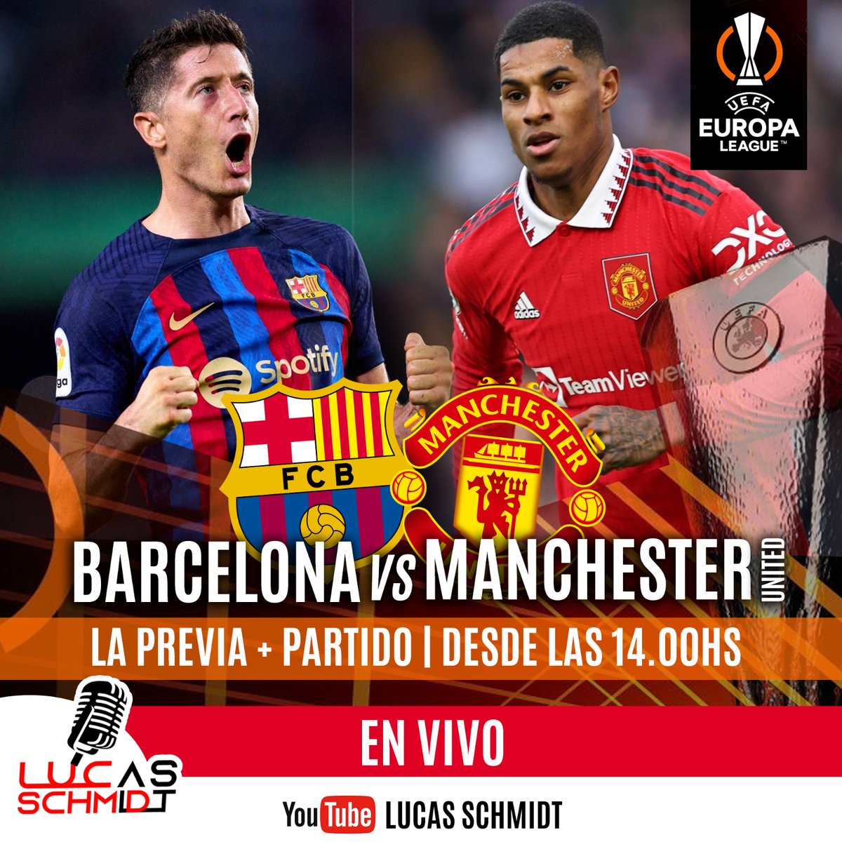 Se enfrentan dos pesos pesados, de los equipos más importantes del mundo. Insólito, jugarán este jueves por <a href="/europaleague/">UEFA Europa League</a>, la segunda competición en importancia en Europa.

⚽️⚽️⚽️ <a href="/fcbarcelona/">FC Barcelona</a> vs @manchesterunited

Desde las 14 hs, el canal de Youtube de Lucas Schmidt