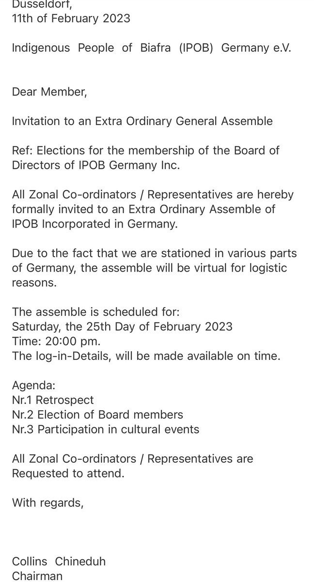 MaziKanuntaKanu's tweet photo. According to IPOB GERMANY general meeting held on 28th of January 2023, the house asked Mr Collins Chineduh to call a general meeting of all members and handover to the interim coordinator Mazi Abraham Ogbonna.
The agenda of this meeting should be HANDOVER OR RESIGNATION. https://t.co/HZore97DHC